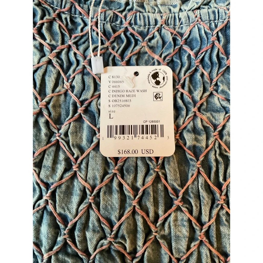 Free People Maisie Smocked Denim Mini Dress Large New With Tags